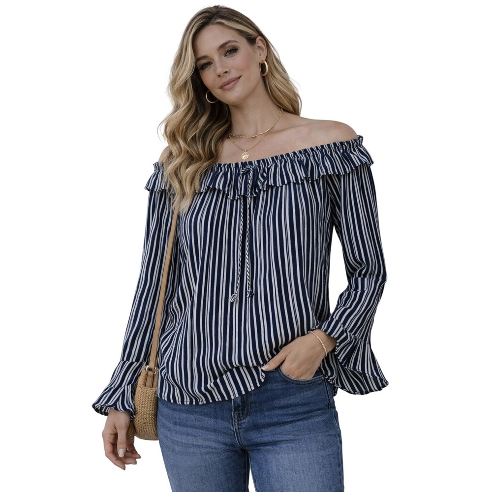 Striped Off The Shoulder Top Women Sz. 6 Blue White Ruffle Bell Sleeve